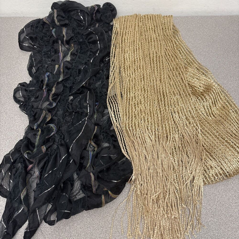 2 Woman’s Sheer Scarfs, Large Netted Gold Thread-Silky Black And Silver,